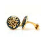 Hand Painted Golden Motif on Metalic Blue Enamel Cufflinks
