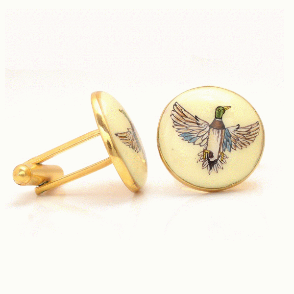 Hand Painted Birds on Enamel Cufflinks in 925 Sterling Silver