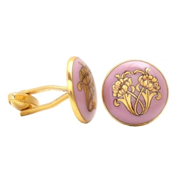 Hand Painted Golden Flower Motif on Pink Enamel in Sterling Silver