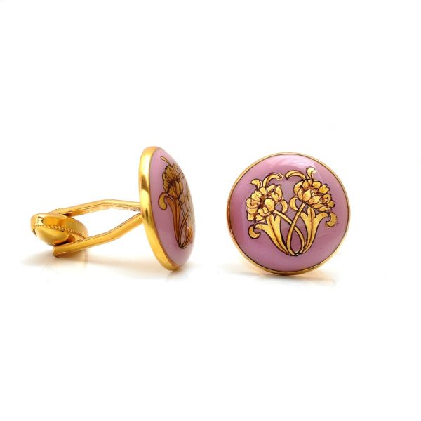 Hand Painted Golden Flower Motif on Pink Enamel in Sterling Silver