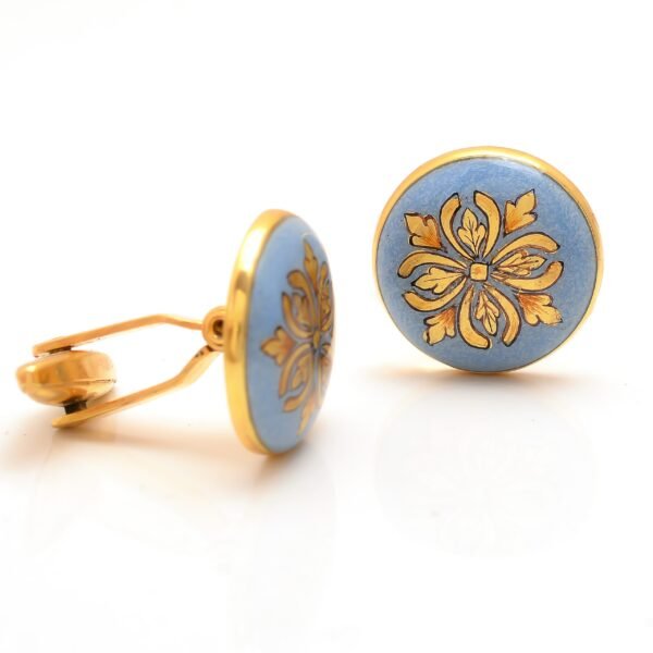 Cufflinks with Hand Painted Motif on Light Blue Enamel in Sterling Silver