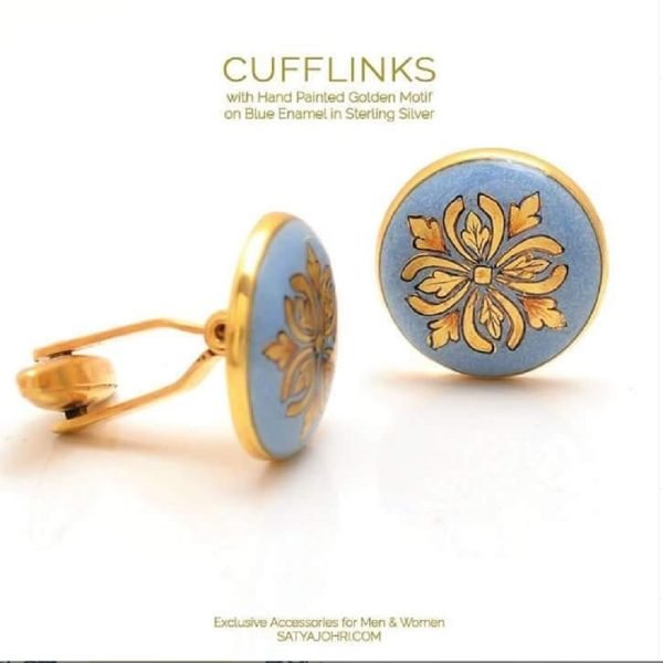 Cufflinks with Hand Painted Motif on Light Blue Enamel in Sterling Silver