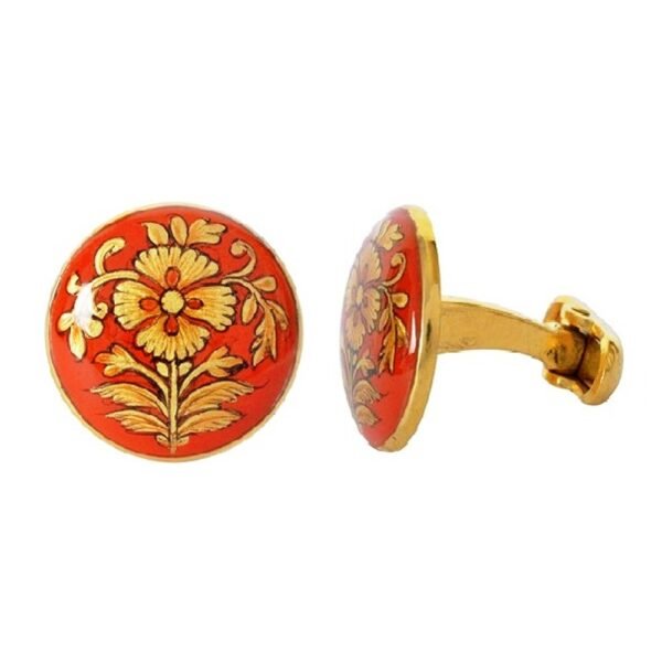 Hand Painted Golden Motif on Orange Enamel 92.5 Sterling Silver Cufflinks