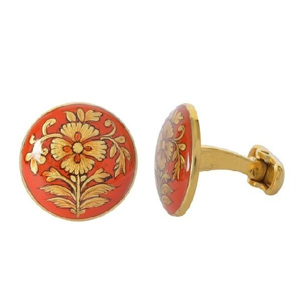 Hand Painted Golden Motif on Orange Enamel 92.5 Sterling Silver Cufflinks