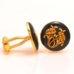 Cufflinks with Hand Painted Golden Motif On Black Enamel in .925 Silver