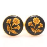Cufflinks with Hand Painted Golden Flower on Black Enamel in .925 Silver