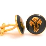 Cufflinks with Hand Painted Golden Motif on Black Enamel in .925 Silver
