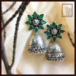 Oxidised .925 Silver Jhumkas with Green Onyx Flower detail.