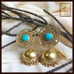 Jhumkas in .925 Sterling Silver with Turquoise and Gold plating. 55mm length