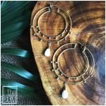 Theatrical Hoops with Moonstone Drop in .925 Sterling Silver with Gold Polish. 90mm Size