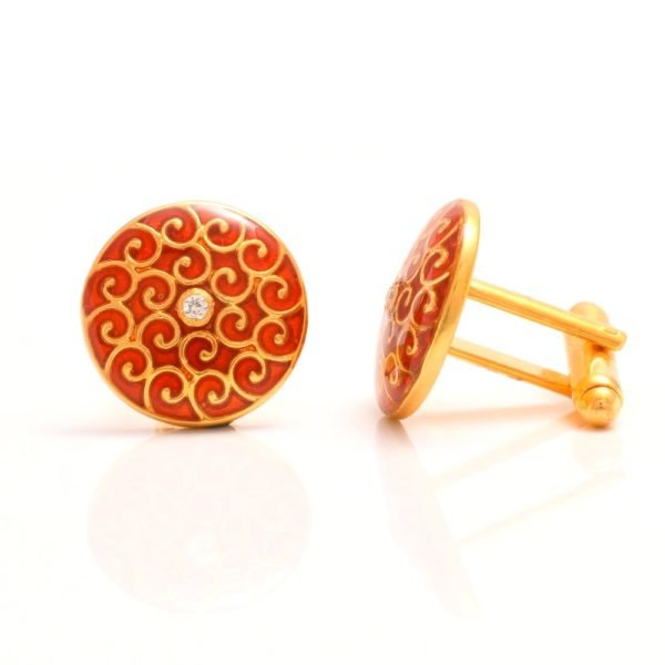 .925 Silver Designer Cufflinks with Maroon Enamel & Swavroski Gem