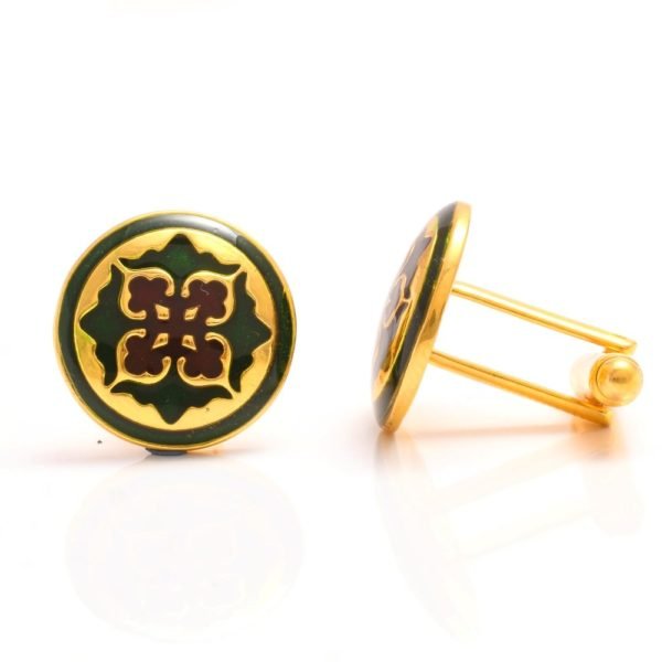 .925 Silver Designer Mughal Motif Cufflinks with Green & Marron Enamel