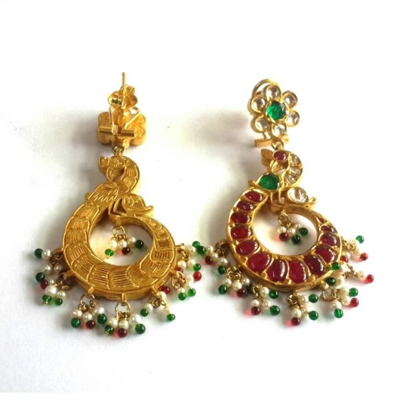Royal Peacock Earrings with Diamond, Ruby and Emeralds in 22k Gold
