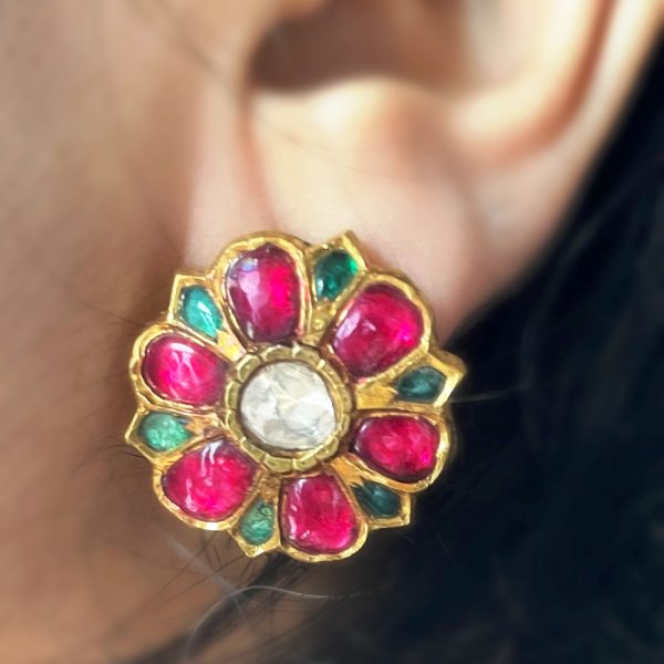 Royal Studs with Diamond, Ruby and Emeralds in 22k Gold