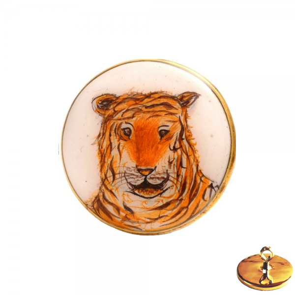BandhGala Buttons - Hand Painted Tiger -.925 Silver & White Enamel