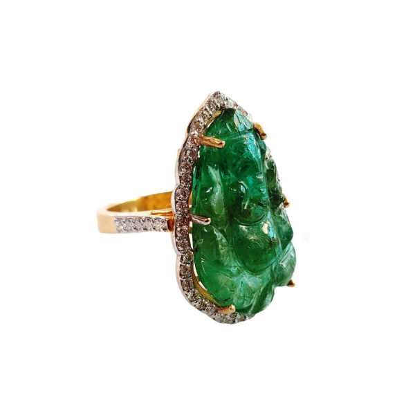 Celebrity Collection - Carved Ganesha Emerald Ring - Natural Diamonds - 18k