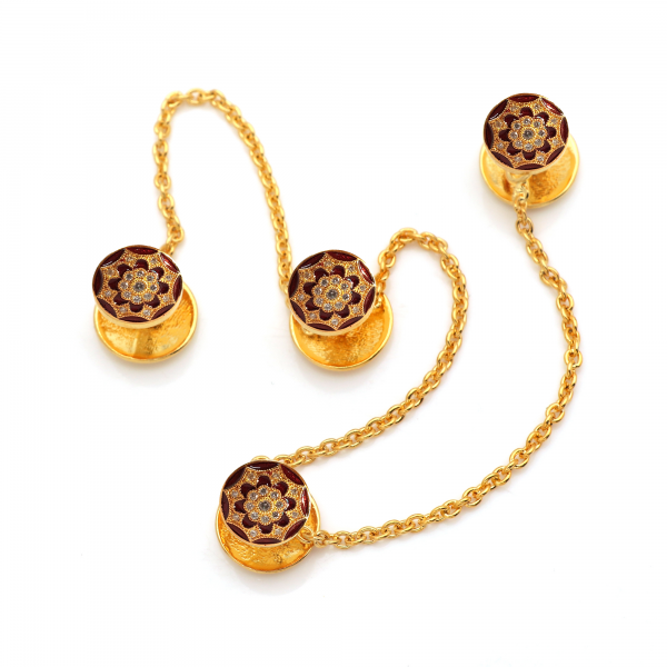 Royal Kurta Buttons with Swarovskis  and Maroon Enamel - Gold Plated Silver