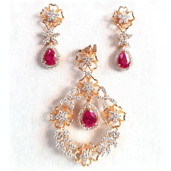 Moissanite Diamonds & Created Rubies Pendant Set in 14k Yellow Gold