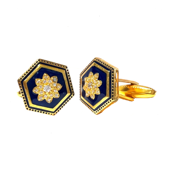 Designer Antique Hexagonal Cufflinks With Swarovskis - Blue Enamel