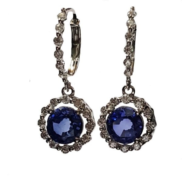 Created Blue Sapphire and  Moissanite Diamond Designer Earrings