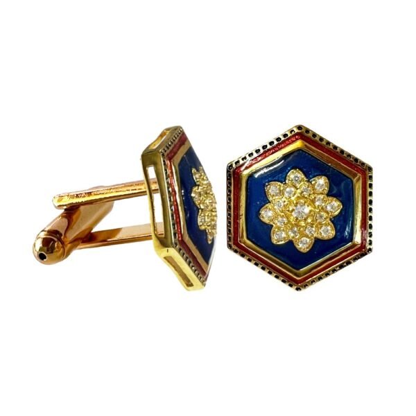 Antique Hexagonal Cufflinks Blue and Burgundy Enamel